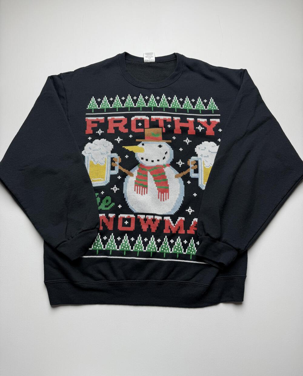 Jerzees Sweatshirt Mens Large Black Crewneck Frothy Snowman Christmas Beer